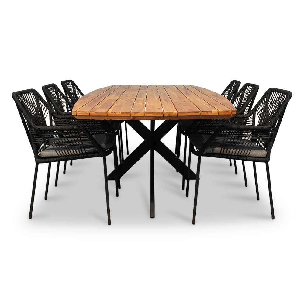 Salo/Seville zwart dining tuinset 7-delig | hardhout + touw | 240cm