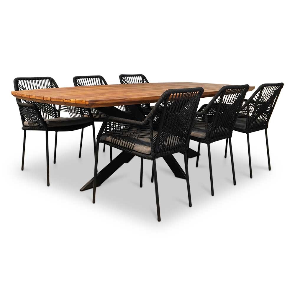 Salo/Seville zwart dining tuinset 7-delig | hardhout + touw | 240cm