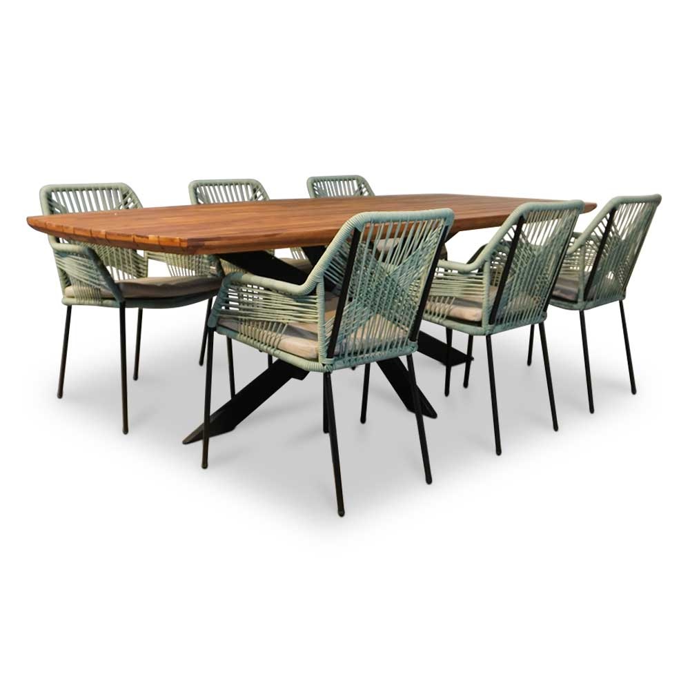 Salo/Seville mint dining tuinset | 6 personen | hardhout + touw | 240cm afbeelding