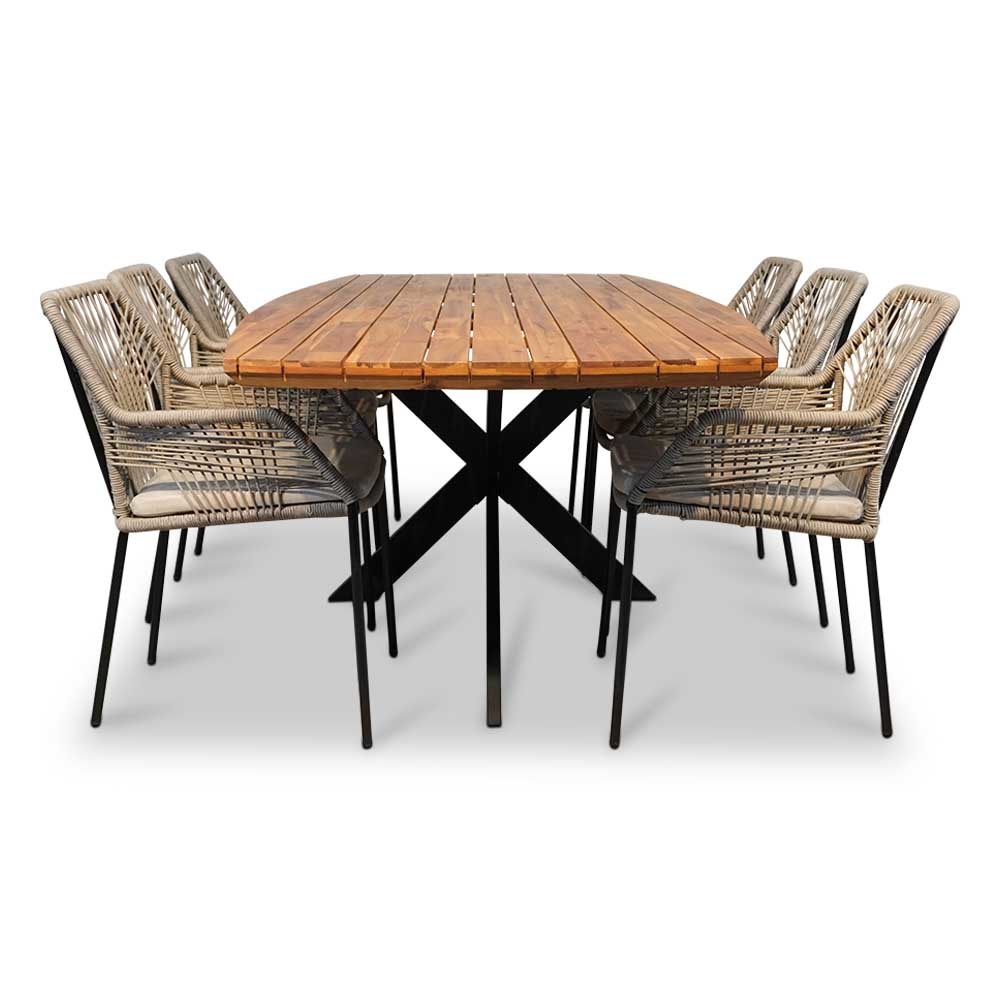 Salo/Seville zand dining tuinset | 6 personen | hardhout + touw | 240cm