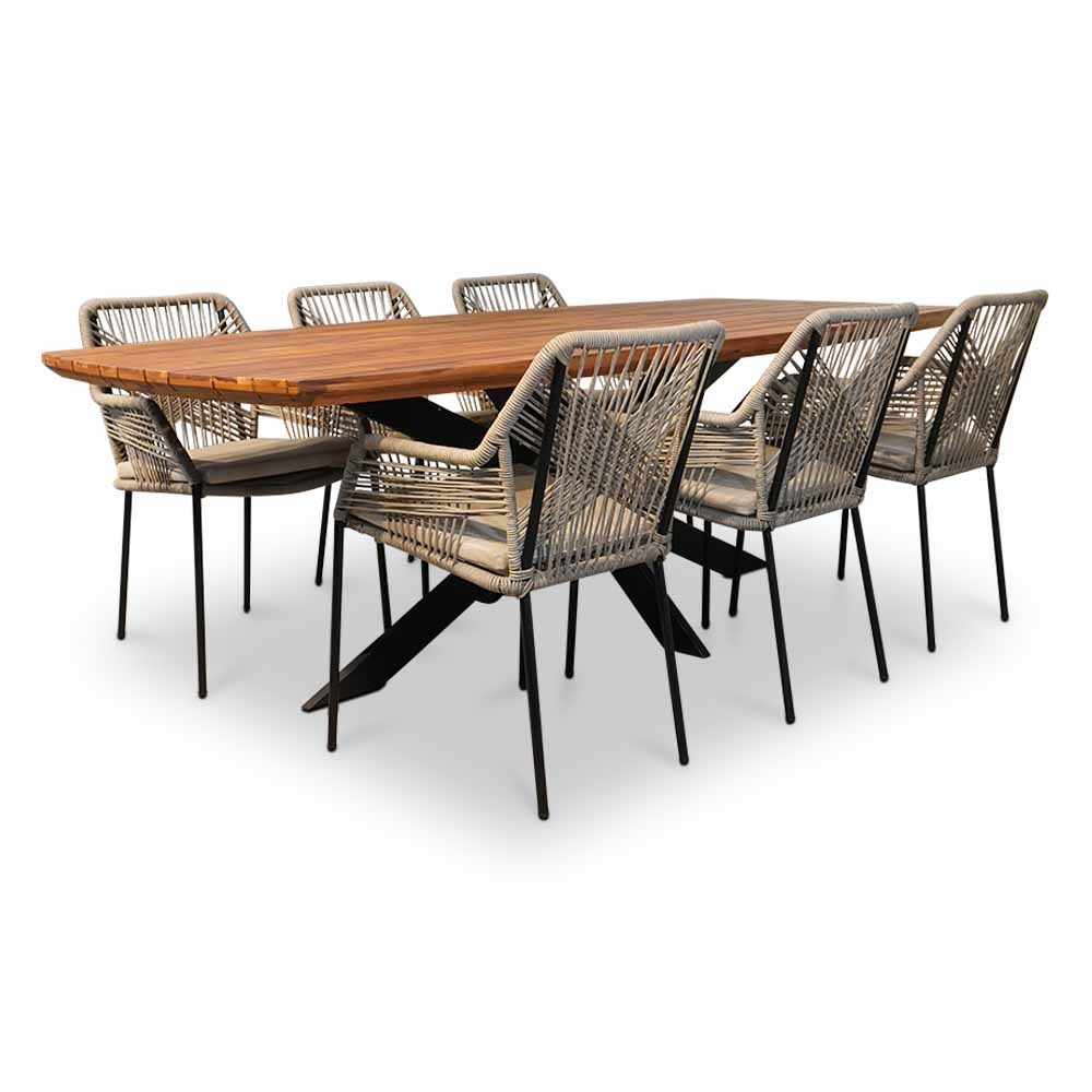 Salo/Seville zand dining tuinset | 6 personen | hardhout + touw | 240cm afbeelding