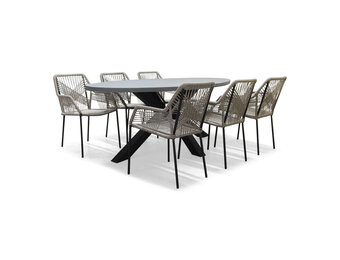 Stockholm/Seville zand dining tuinset | 6 personen | betonlook + touw | 200cm