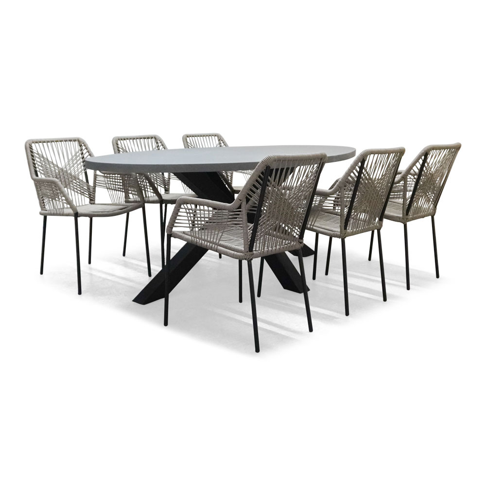 Stockholm/Seville zand dining tuinset | 6 personen | betonlook + touw | 200cm afbeelding
