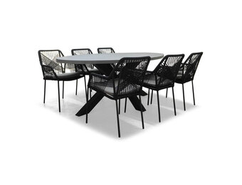 Stockholm/Seville zwart dining tuinset | 6 personen | betonlook + touw | 200cm