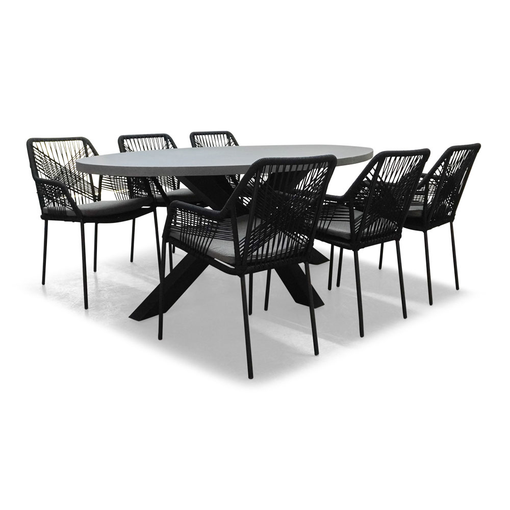 Stockholm/Seville zwart dining tuinset | 6 personen | betonlook + touw | 200cm
