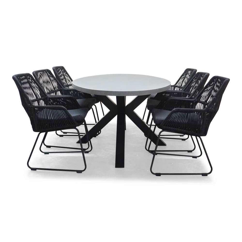 Stockholm/Chester zwart dining tuinset 7-delig | betonlook + touw | 200cm