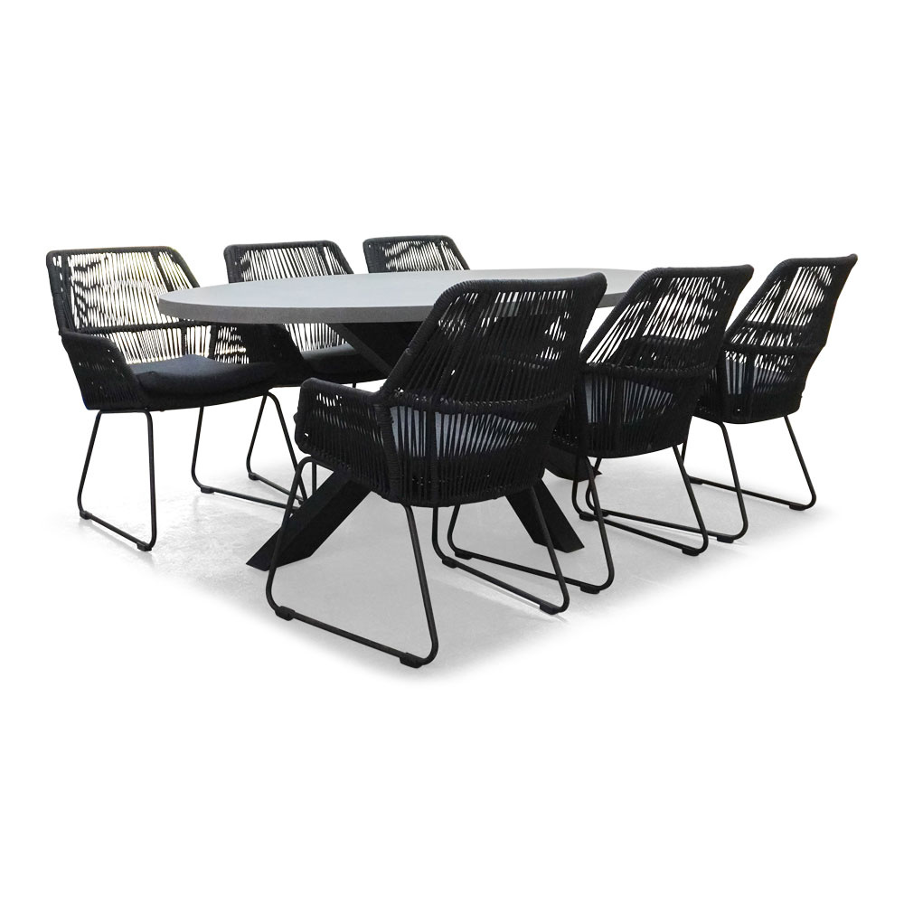 Stockholm/Chester zwart dining tuinset 7-delig | betonlook + touw | 200cm
