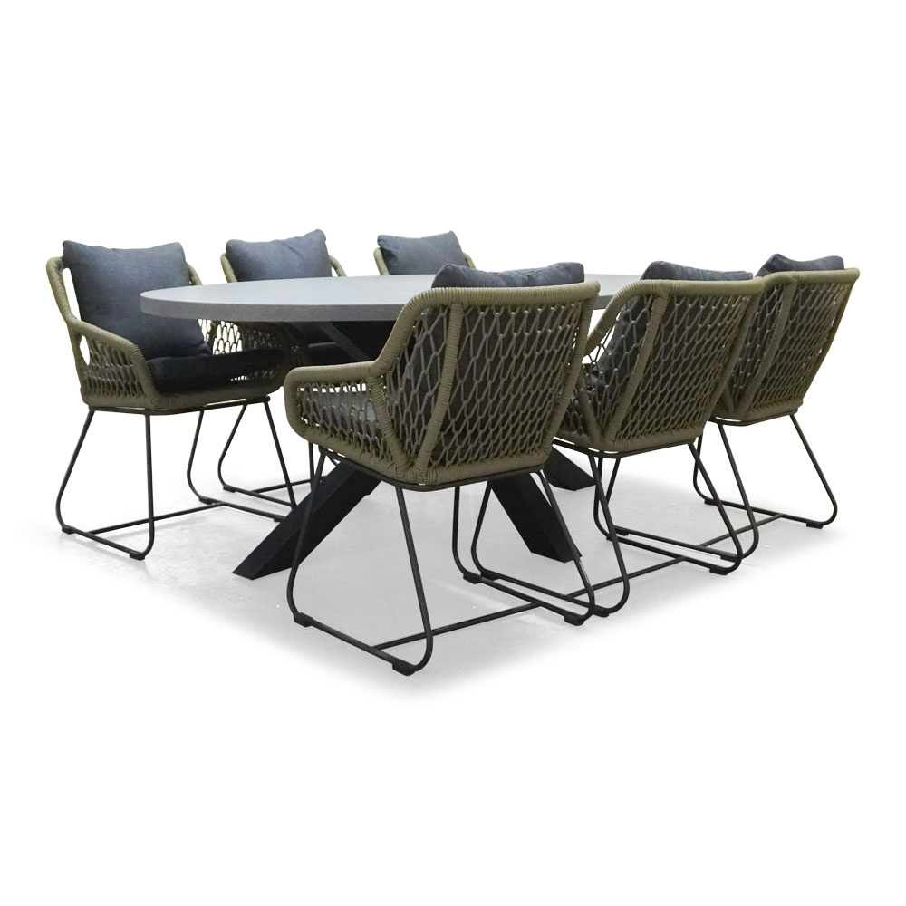 Stockholm/Portofino groen dining tuinset 7-delig | betonlook + touw | 200cm