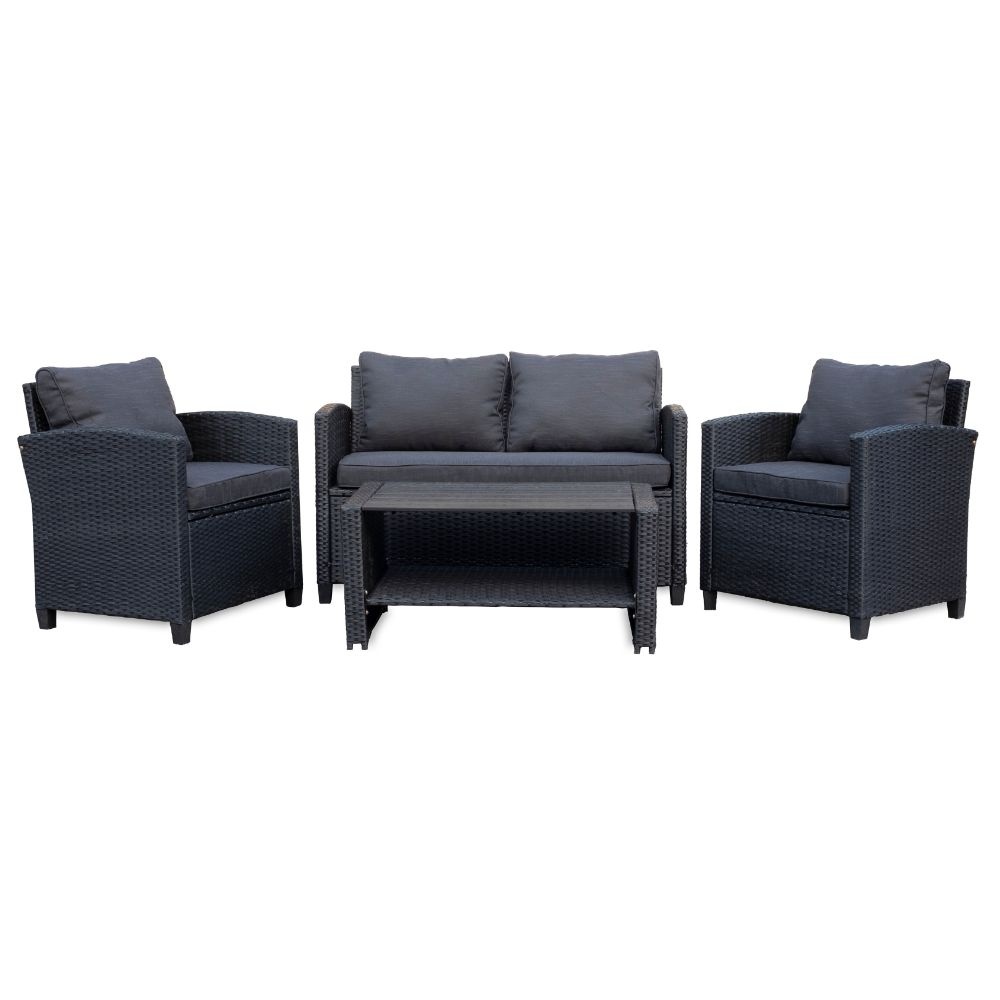 Stockholm stoel-bank loungeset 4 personen | wicker | zwart | 4-delig