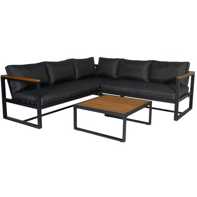 Milton hoek loungeset 5 personen | hardhout + staal | zwart | 3-delig - 200x200cm