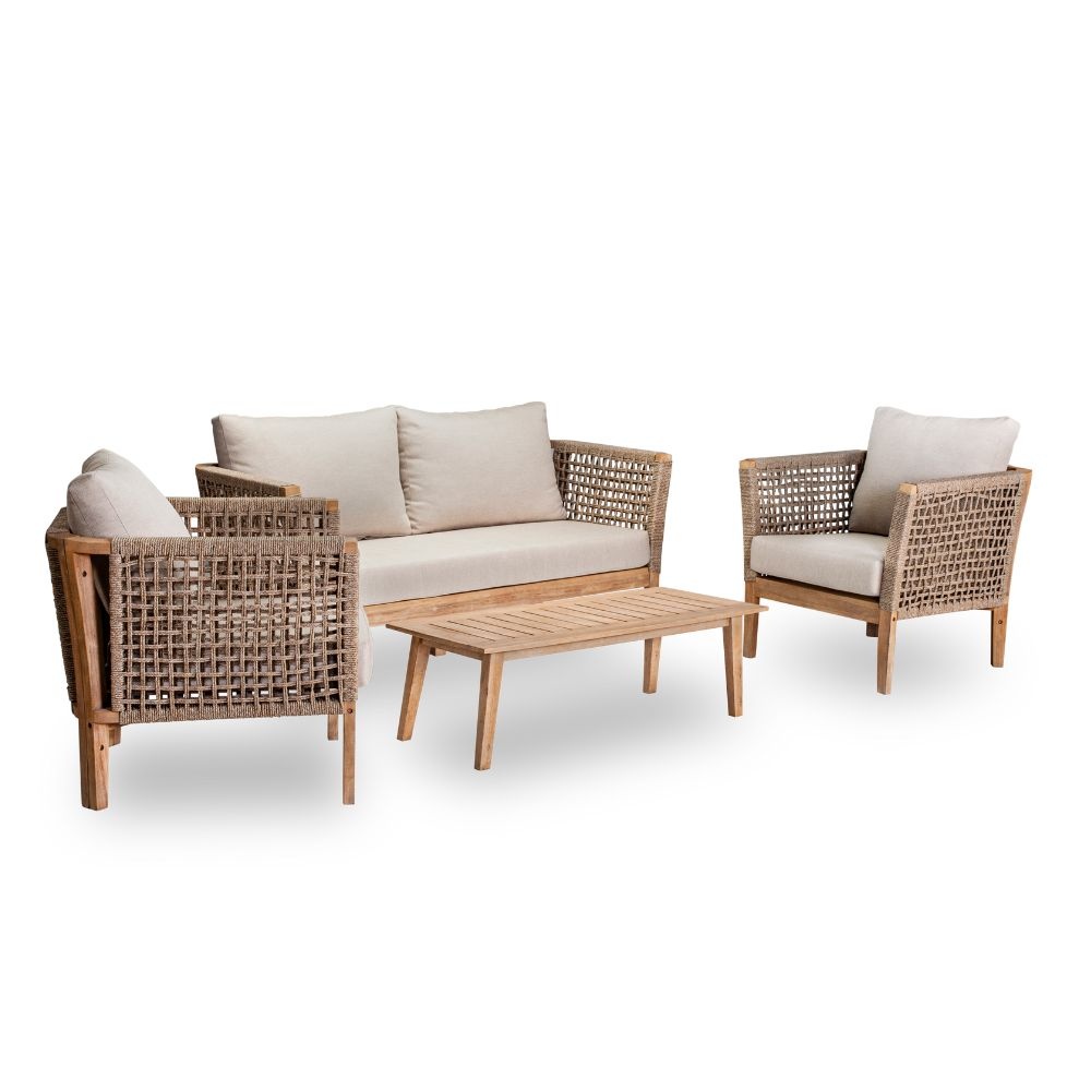 Oxford stoel-bank loungeset 4-delig | hardhout + rope | mocca
