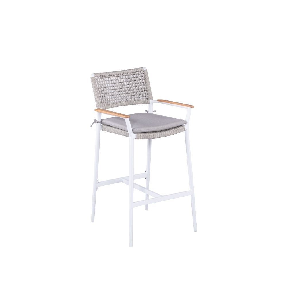 Sandro barstoel | aluminium + teakhout | wit | grijs kussen
