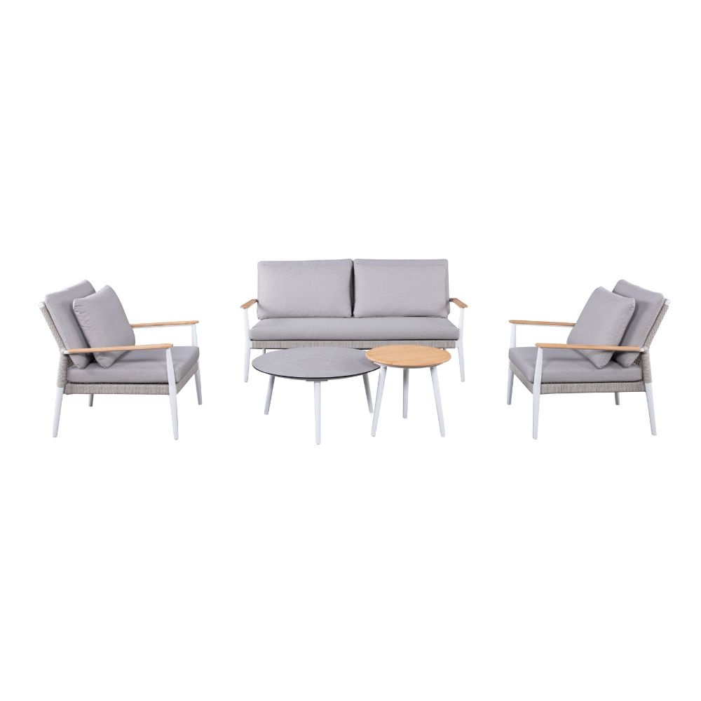 Sandro stoel-bank loungeset 5-delig | aluminium + teakhout | wit | grijs kussen