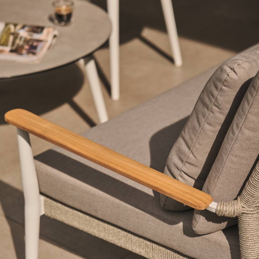 Sandro stoel-bank loungeset 5-delig | aluminium + teakhout | wit | grijs kussen