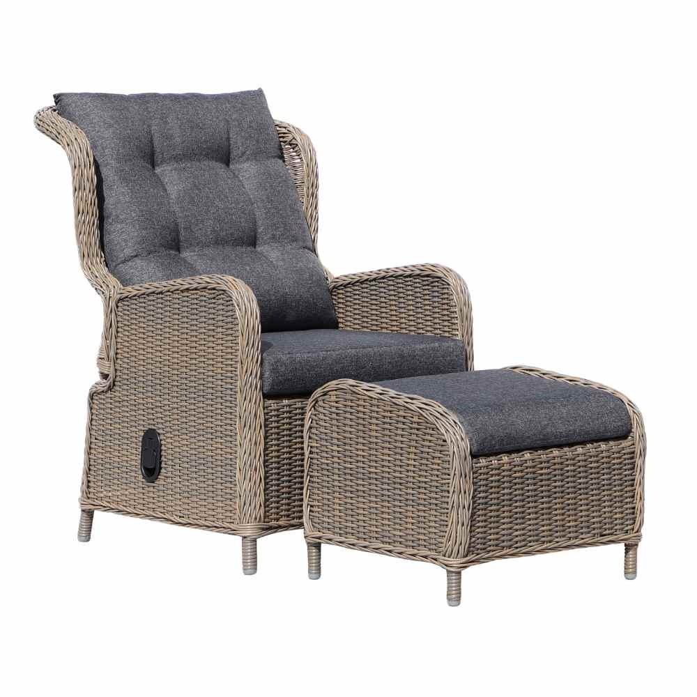 Glasgow loungestoel tuin met voetenbank | wicker + aluminium | Ash Grey