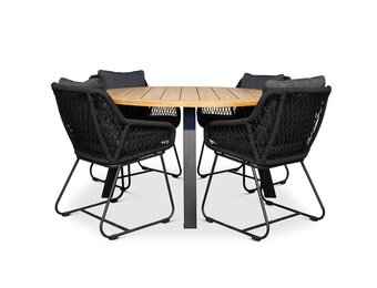Cork/Portofino zwart dining tuinset | 4 personen | hardhout + touw | 130cm