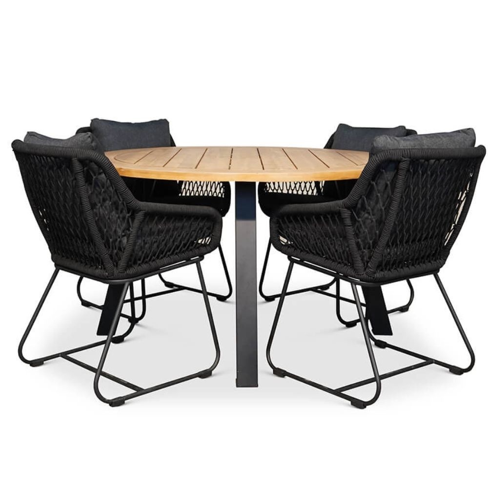 Cork/Portofino zwart dining tuinset | 4 personen | hardhout + touw | 130cm