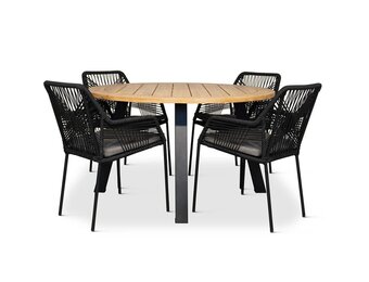 Cork/Seville zwart dining tuinset | 4 personen | hardhout + touw | 130cm