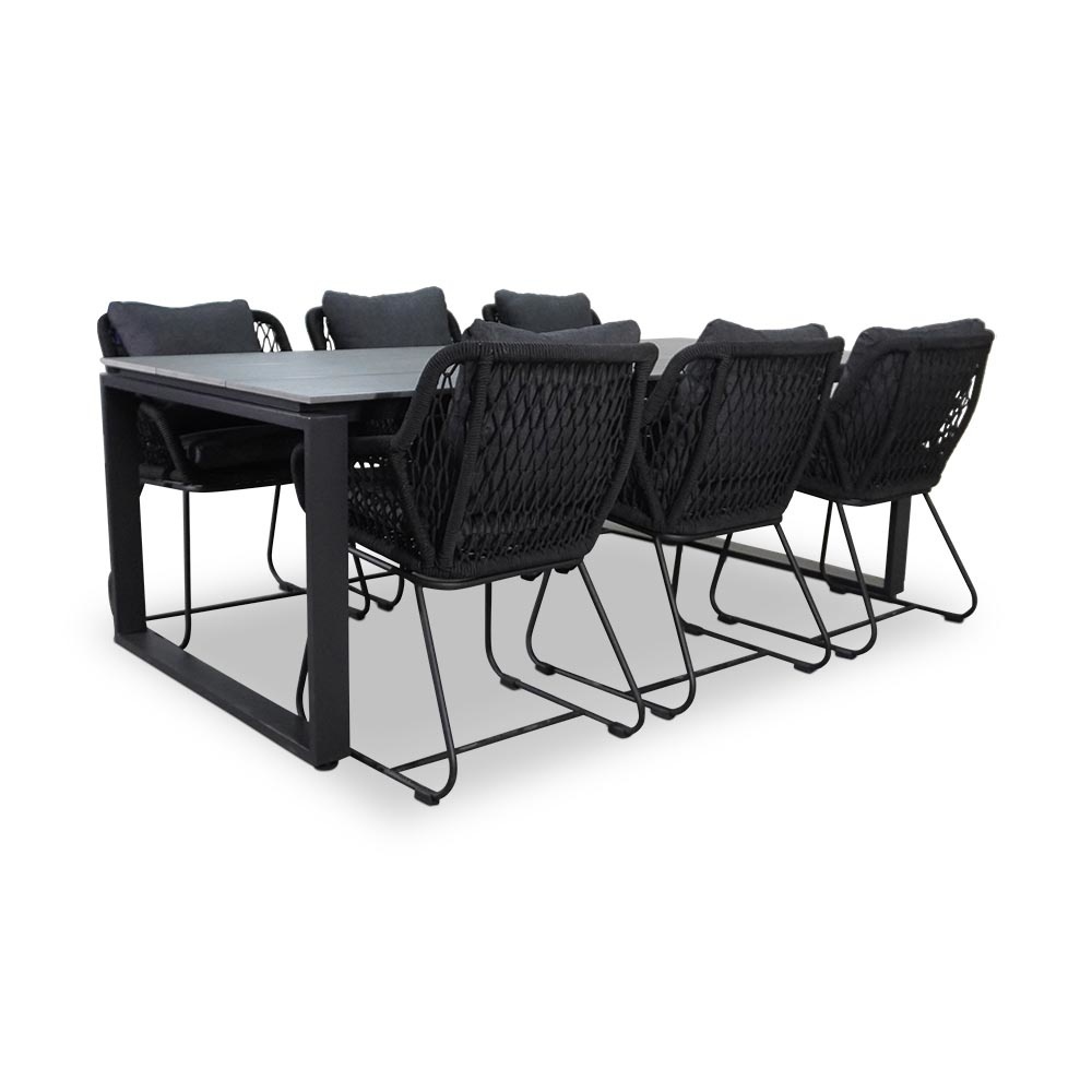 Helsinki Grey/Portofino zwart dining tuinset | 6 personen | polywood + touw | 210cm