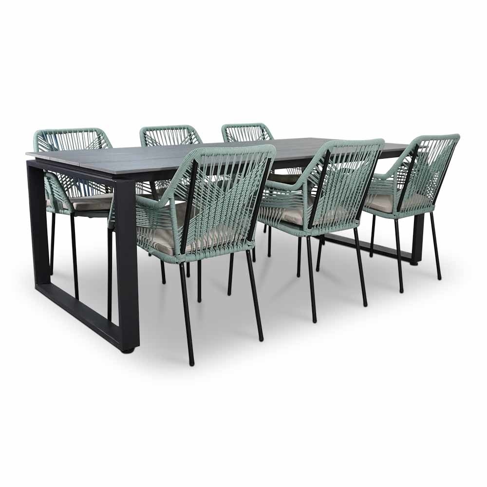 Helsinki Grey/Seville mint dining tuinset | 6 personen | polywood + touw | 210cm