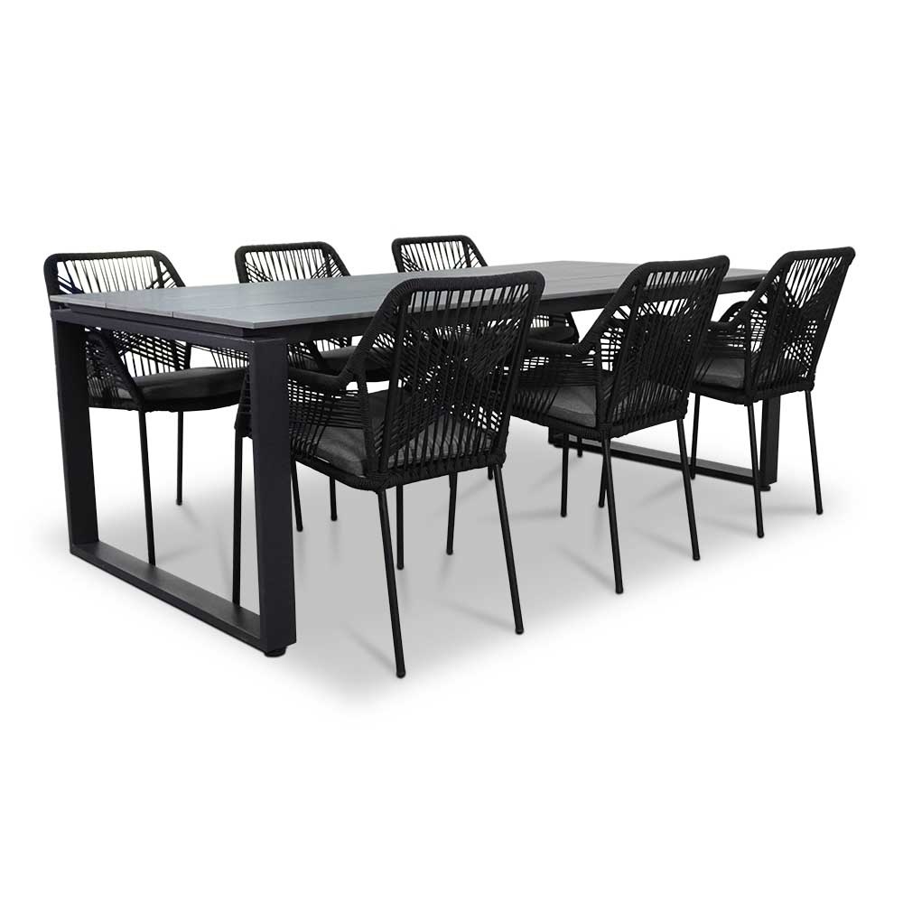 Helsinki Grey/Seville zwart dining tuinset | 6 personen | polywood + touw | 210cm