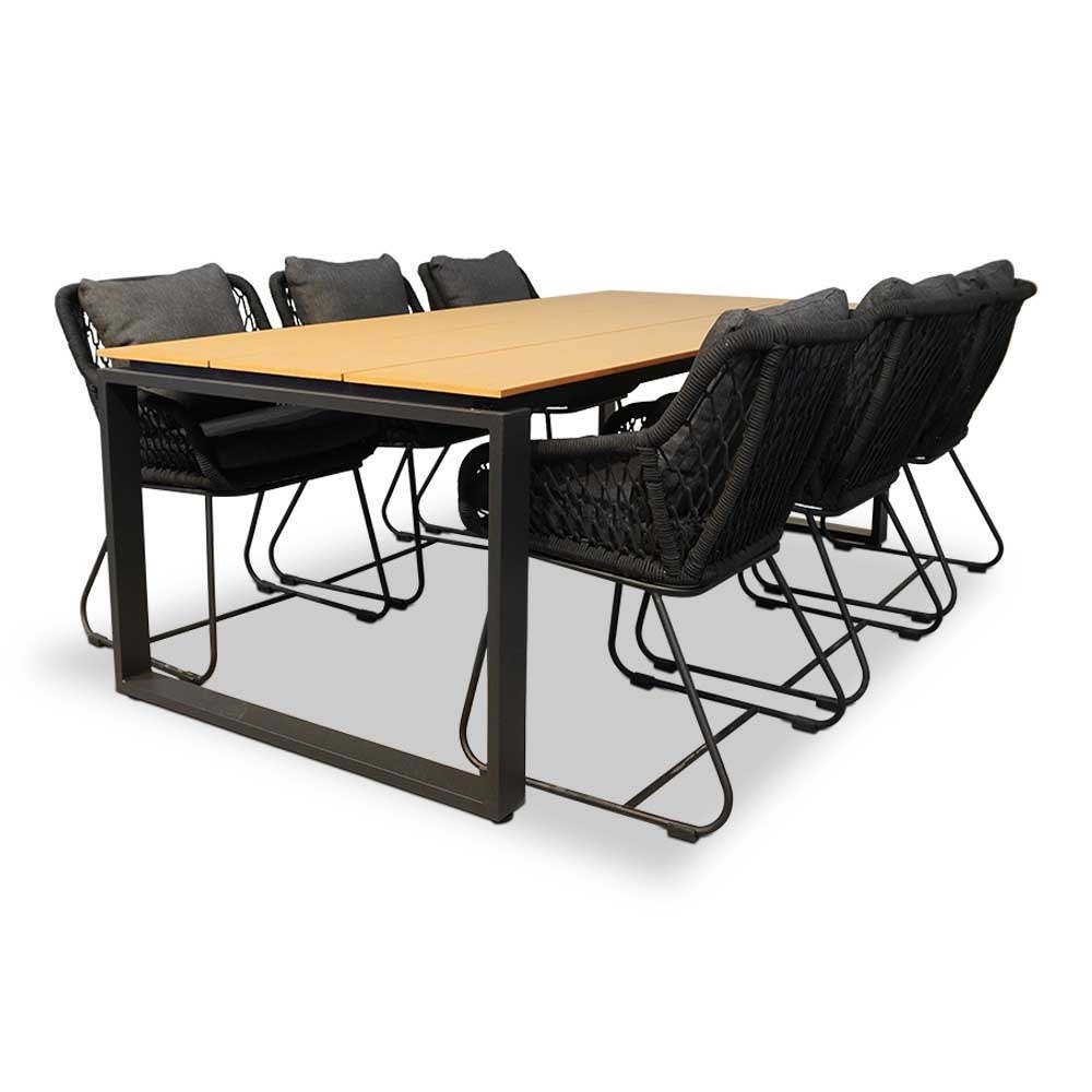 Helsinki Natural/Portofino zwart dining tuinset | 6 personen | polywood + touw | 210cm