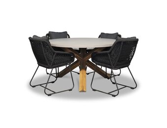 Nancy/Portofino zwart dining tuinset | 4 personen | betonlook + touw | 135cm