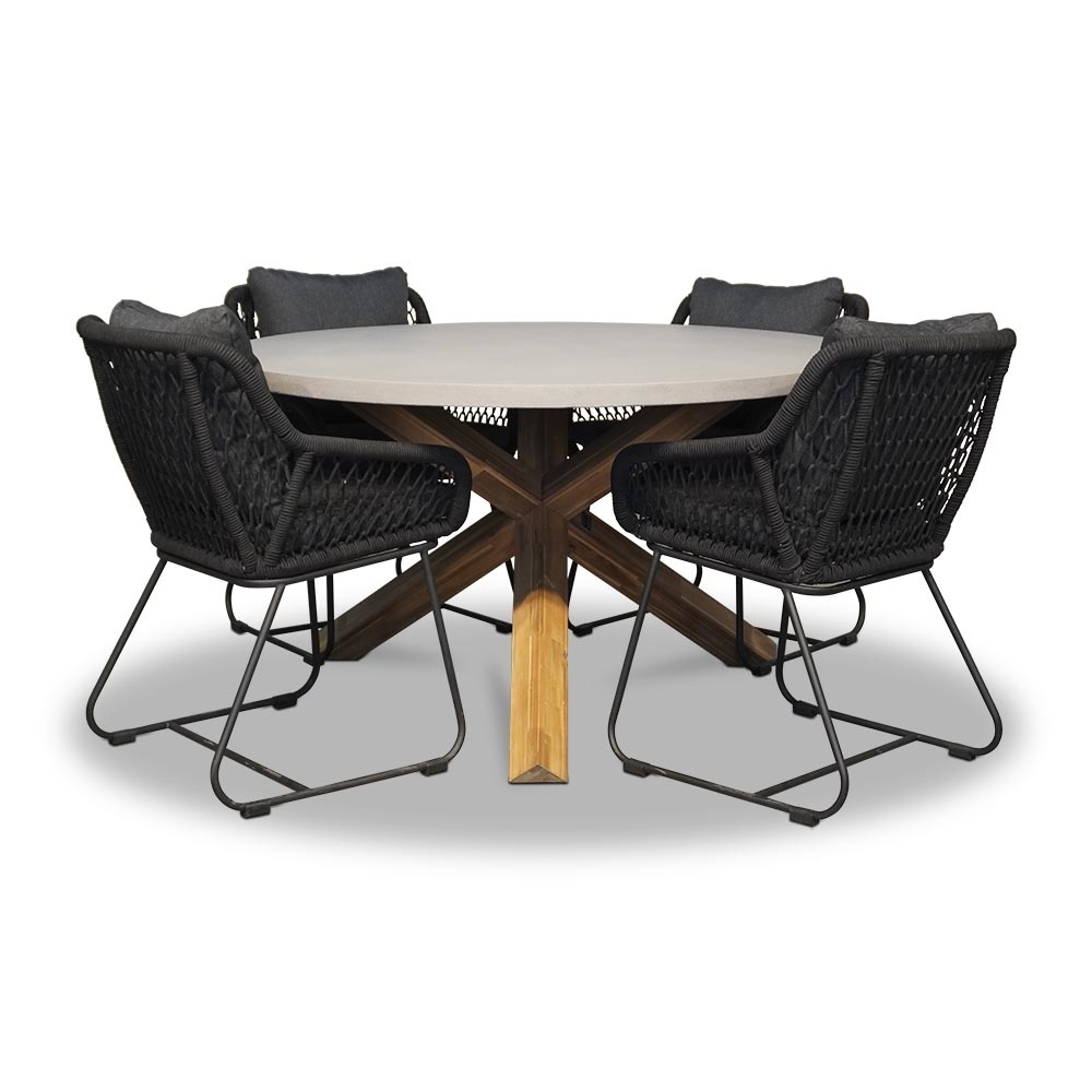 Nancy/Portofino zwart dining tuinset | 4 personen | betonlook + touw | 135cm