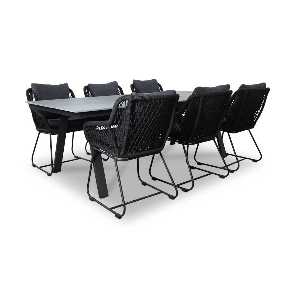 Oslo Grey/Portofino zwart dining tuinset | 6 personen | polywood + touw | 220cm