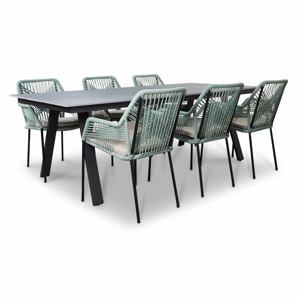 Oslo Grey/Seville mint dining tuinset | 6 personen | polywood + touw | 220cm