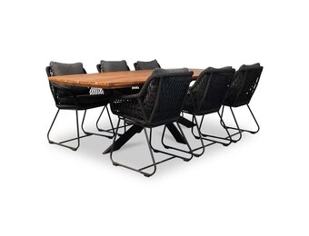 Salo/Portofino zwart dining tuinset | 6 personen | hardhout + touw | 240cm