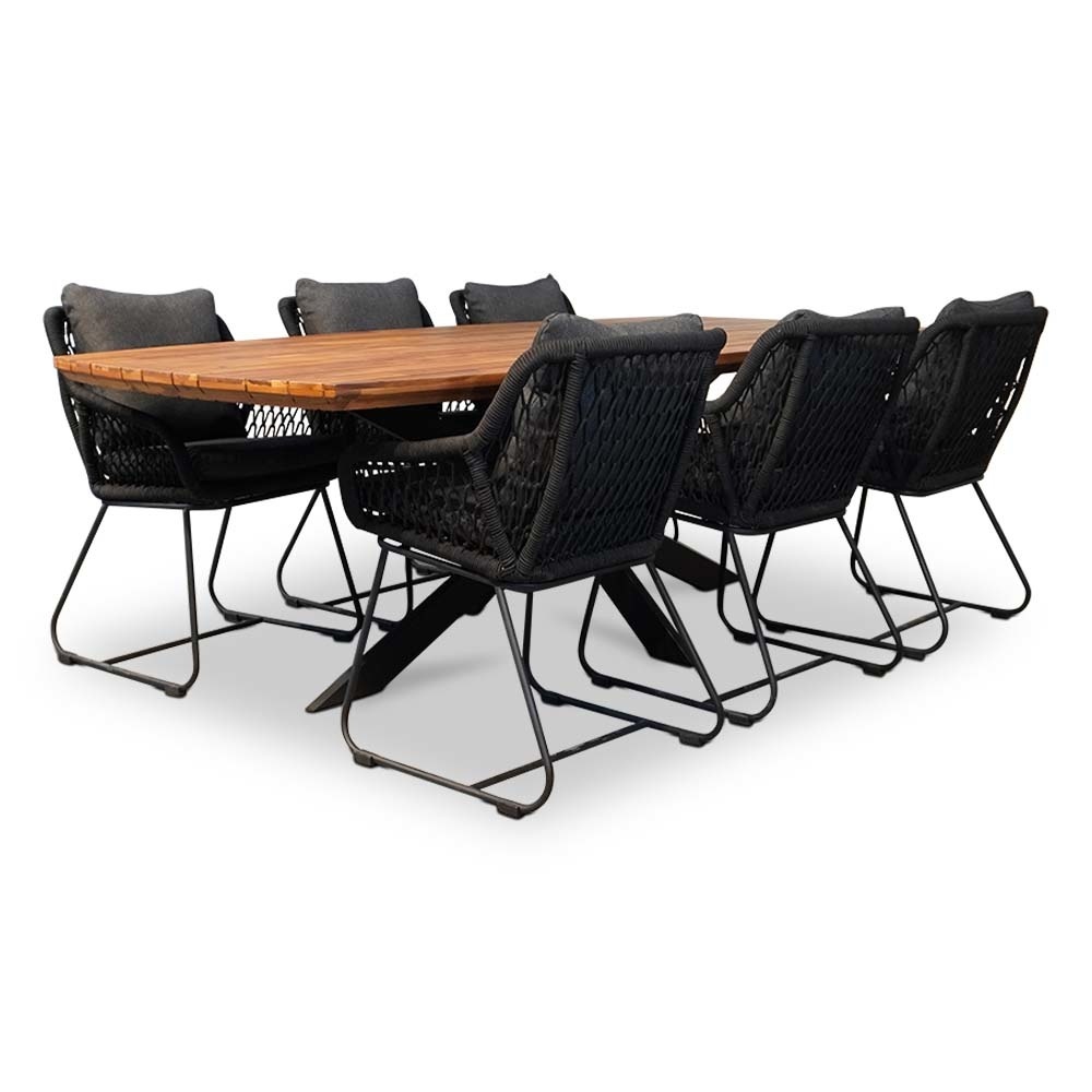 Salo/Portofino zwart dining tuinset | 6 personen | hardhout + touw | 240cm afbeelding