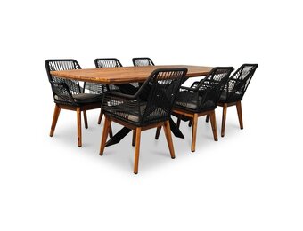 Salo/Seville zwart hout dining tuinset | 6 personen | hardhout + touw | 240cm