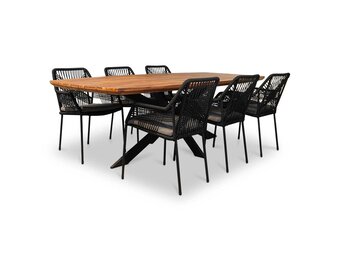 Salo/Seville zwart dining tuinset | 6 personen | hardhout + touw | 240cm