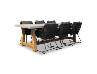 Veltis/Portofino zwart dining tuinset | 6 personen | betonlook + touw | 250cm