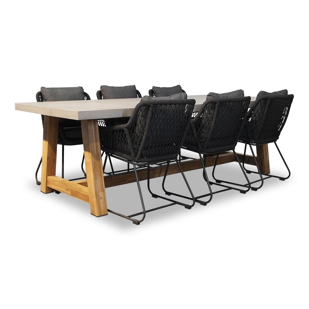 Veltis/Portofino zwart dining tuinset | 6 personen | betonlook + touw | 250cm