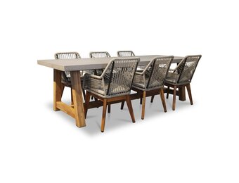 Veltis/Seville zand hout dining tuinset | 6 personen | betonlook + touw | 250cm