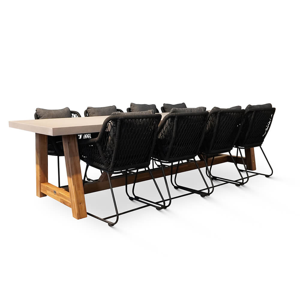 Veltis/Portofino zwart dining tuinset | 8 personen | betonlook + touw | 300cm