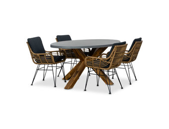 Livorno/Carlos antraciet dining tuinset | 4 personen | betonlook + wicker | 200cm ovaal