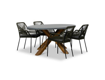 Livorno/Seville olijfgroen dining tuinset | 4 personen | betonlook + touw | 200cm ovaal