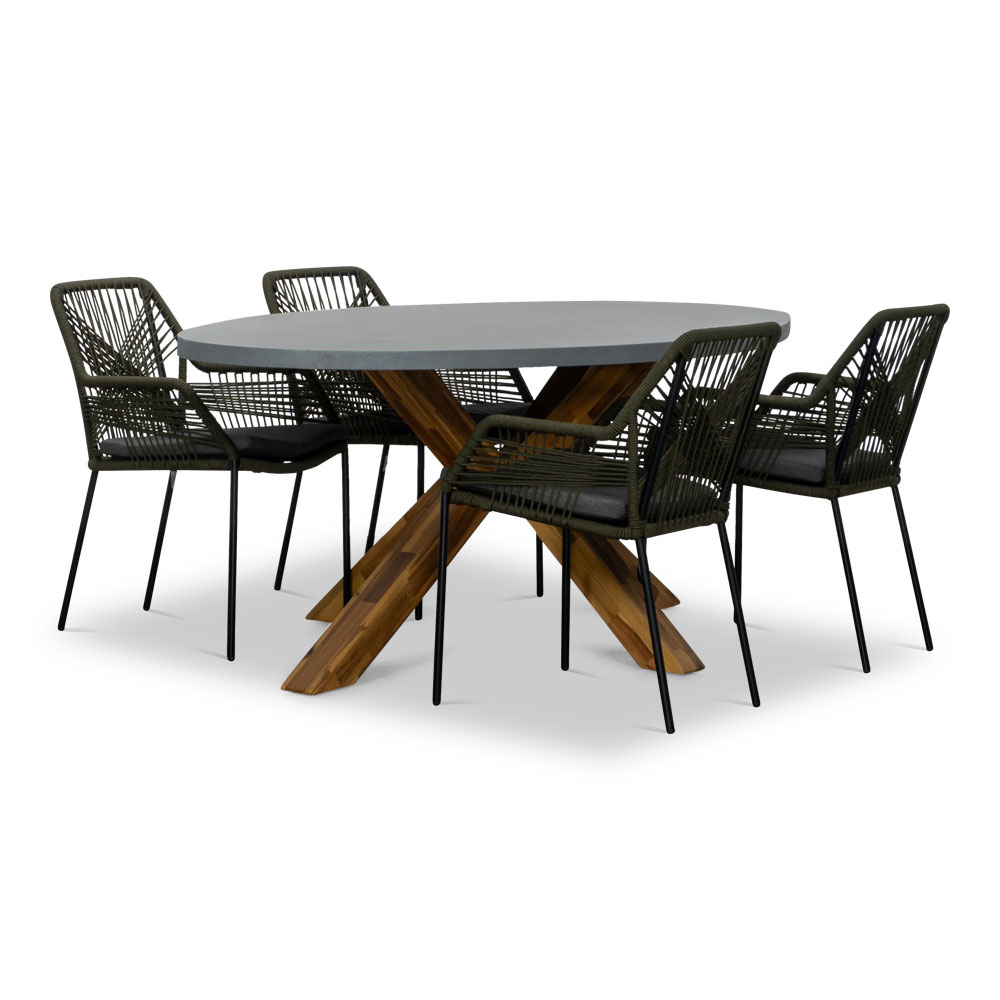 Livorno/Seville olijfgroen dining tuinset | 4 personen | betonlook + touw | 200cm ovaal