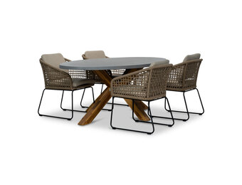 Livorno/Tulum Sahara Dust dining tuinset | 4 personen | betonlook + touw | 200cm ovaal