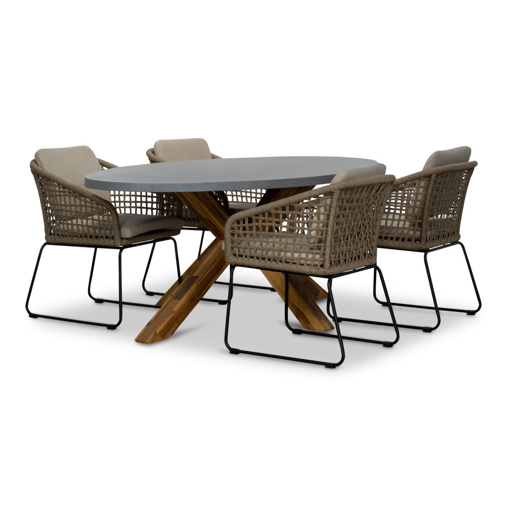 Livorno/Tulum Sahara Dust dining tuinset | 4 personen | betonlook + touw | 200cm ovaal afbeelding