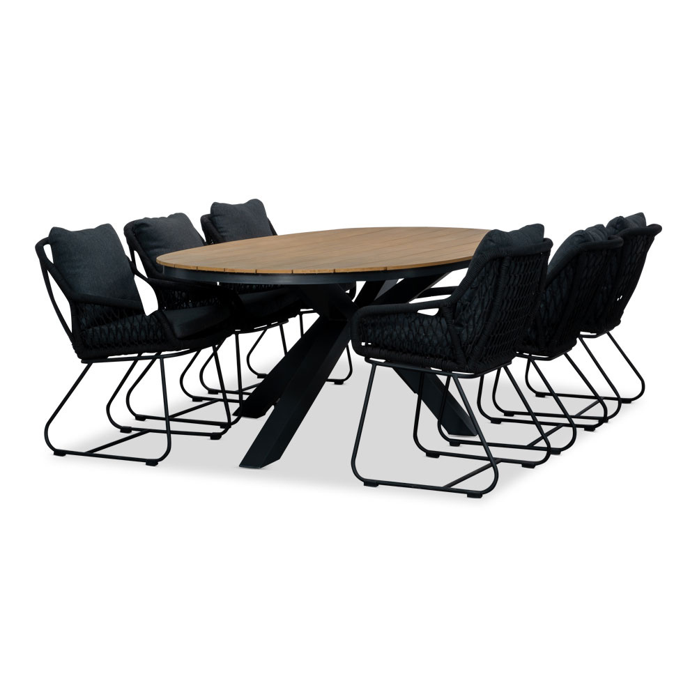 Arezzo/Portofino zwart dining tuinset | 6 personen | polywood + touw | 240cm ovaal