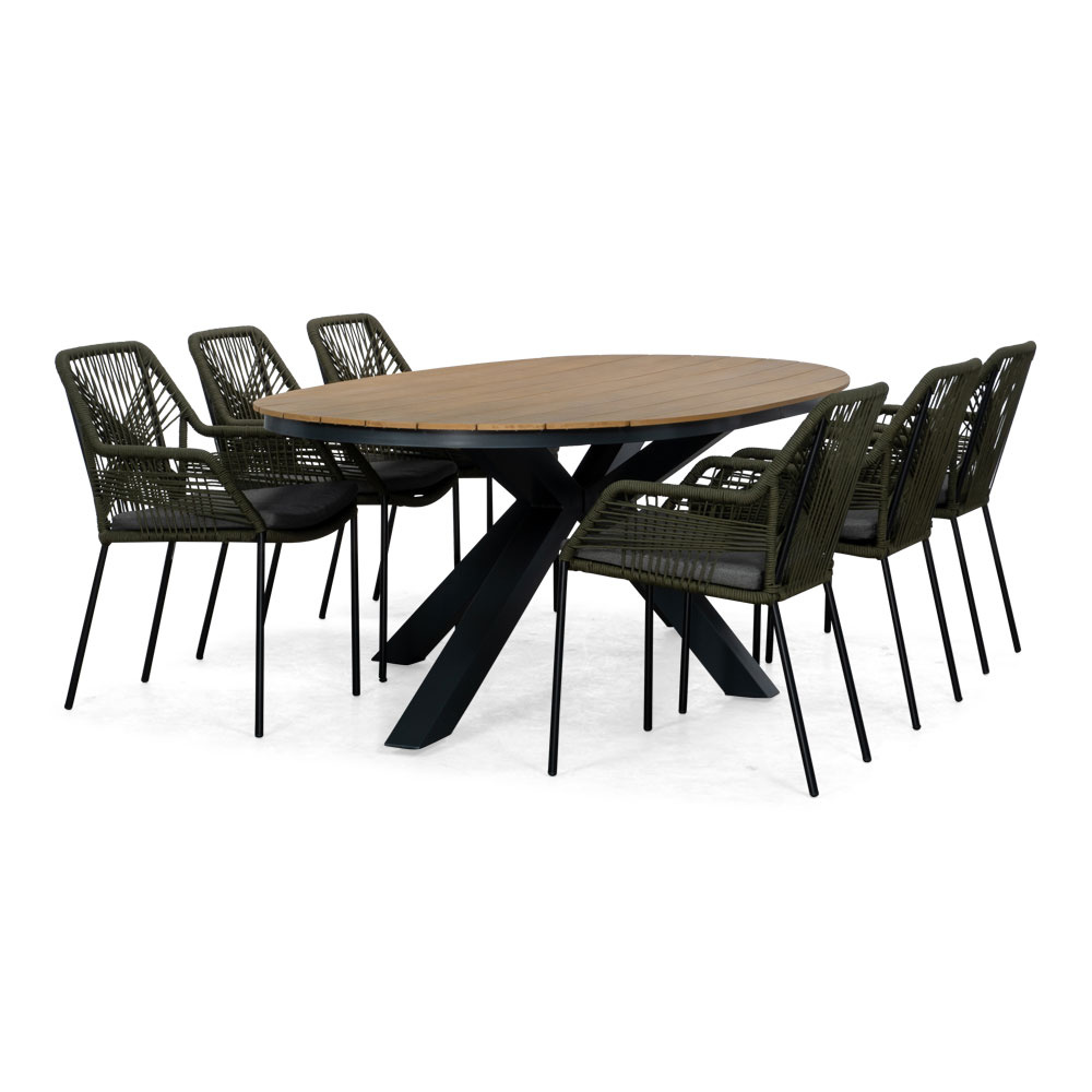 Arezzo/Seville olijfgroen dining tuinset | 6 personen | polywood + touw | 240cm ovaal