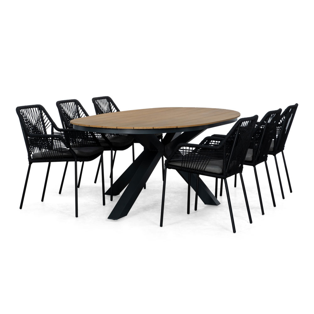 Arezzo/Seville zwart dining tuinset | 6 personen | polywood + touw | 240cm ovaal