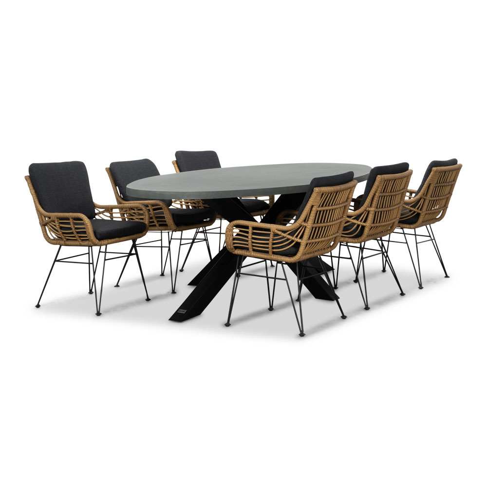 Stockholm/Carlos antraciet dining tuinset | 6 personen | betonlook + wicker | 240cm ovaal afbeelding