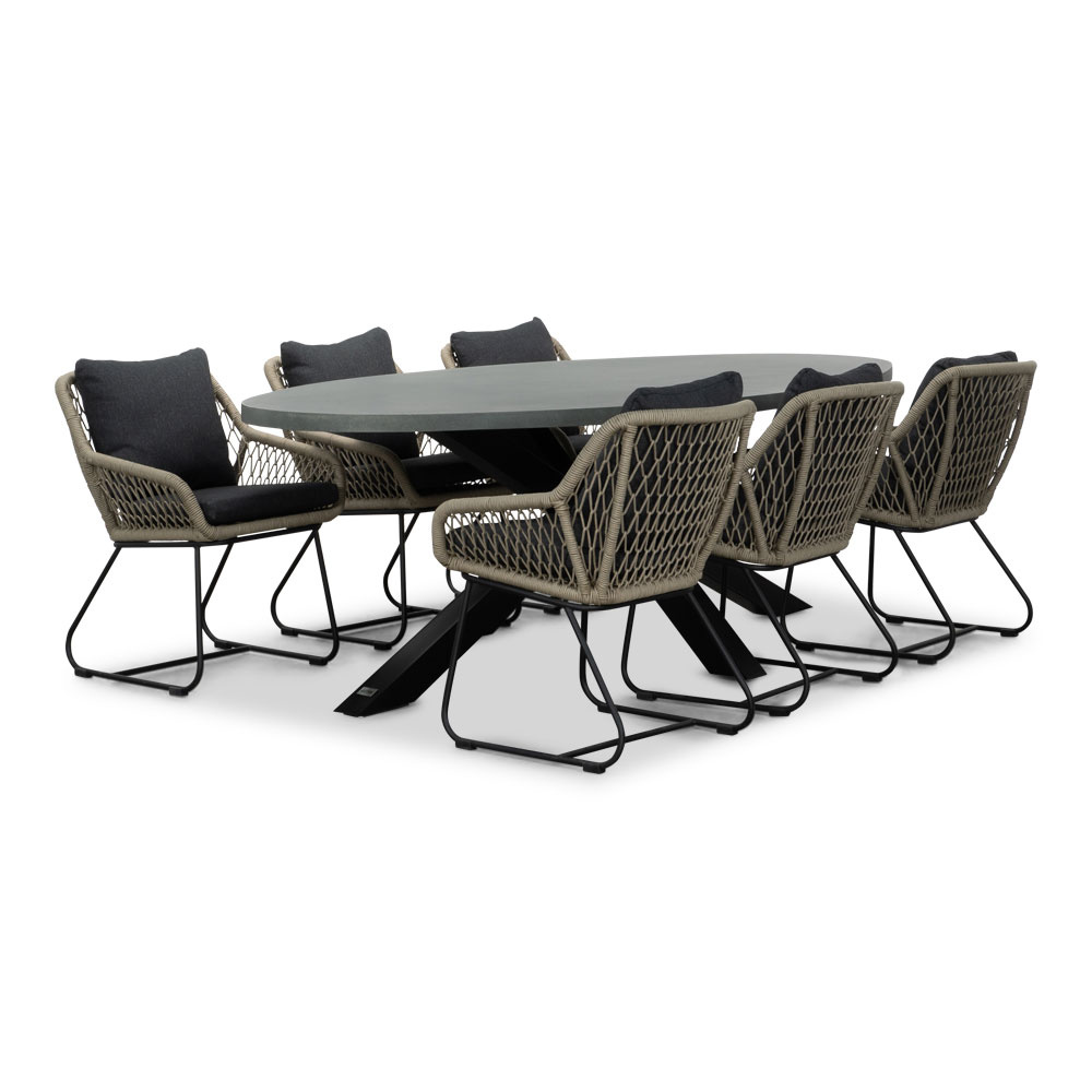 Stockholm/Portofino zand dining tuinset | 6 personen | betonlook + touw | 240cm ovaal