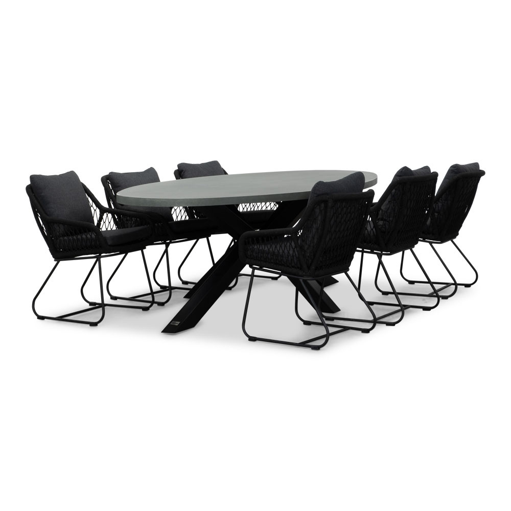Stockholm/Portofino zwart dining tuinset | 6 personen | betonlook + touw | 240cm ovaal
