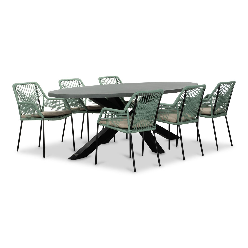 Stockholm/Seville mint dining tuinset | 6 personen | betonlook + touw | 240cm ovaal afbeelding